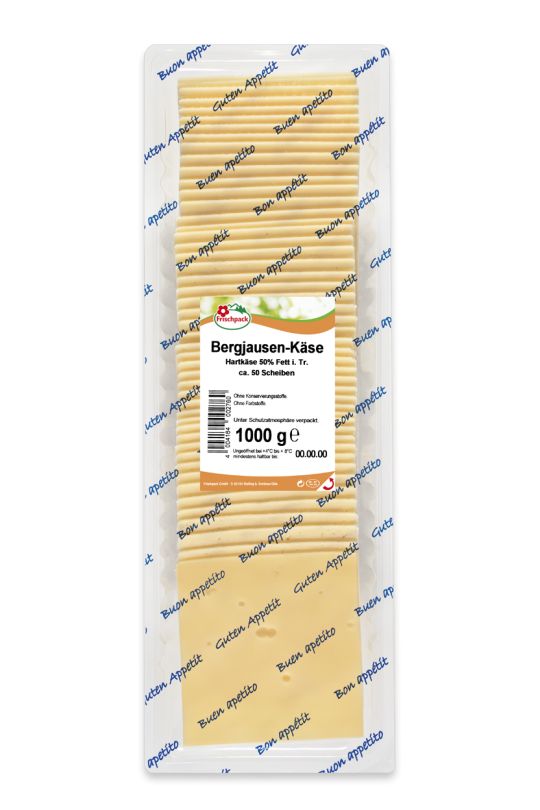 Bergjausenkäse in Scheiben 50%, 50*20g. geschindelt 1000g.
