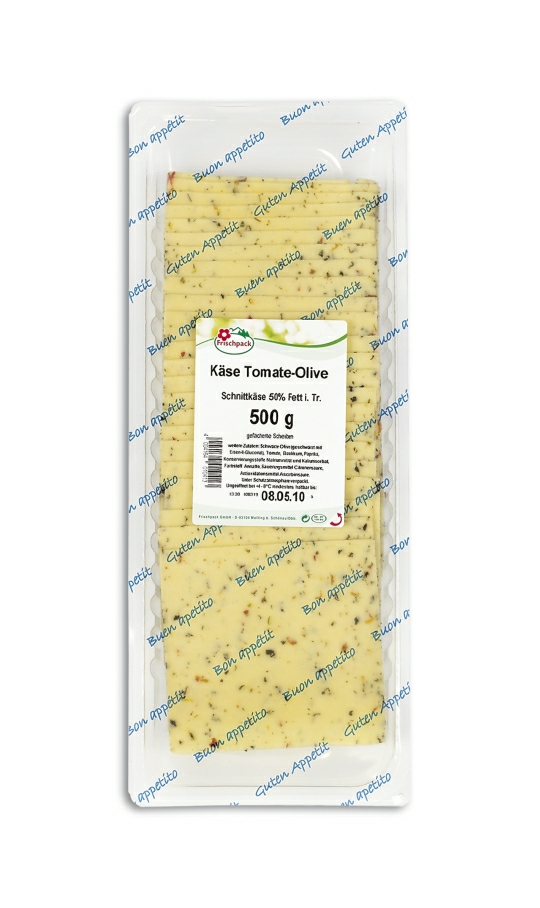 Tomaten-Olivenkäse in Scheiben 50% 25*20g. geschindelt 500g.